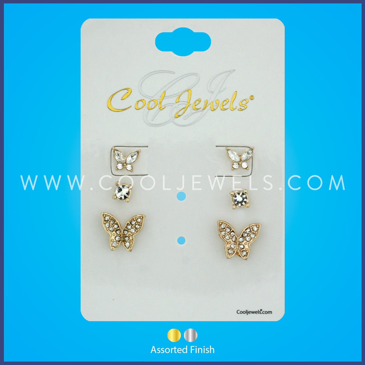 (SET OF 3) POST EARRING WITH RHINESTONE BUTTERFLIES &amp; STUD ASSORTED - CARDED