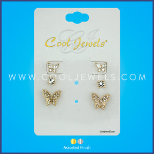 (SET OF 3) POST EARRING WITH RHINESTONE BUTTERFLIES &amp; STUD ASSORTED - CARDED