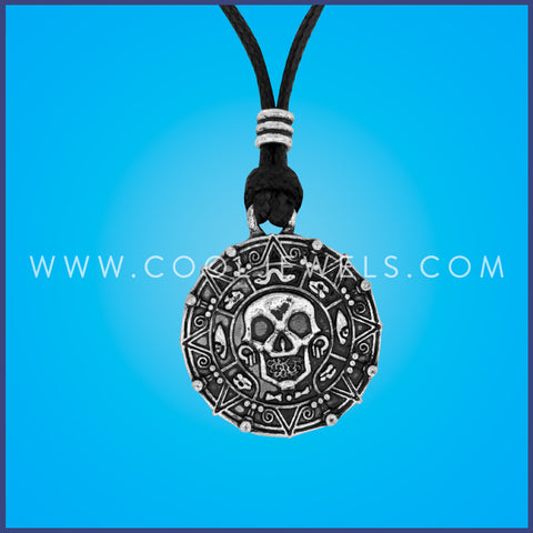 BLACK CORD NECKLACE WITH PIRATE SKULL MEDALLION PENDANT