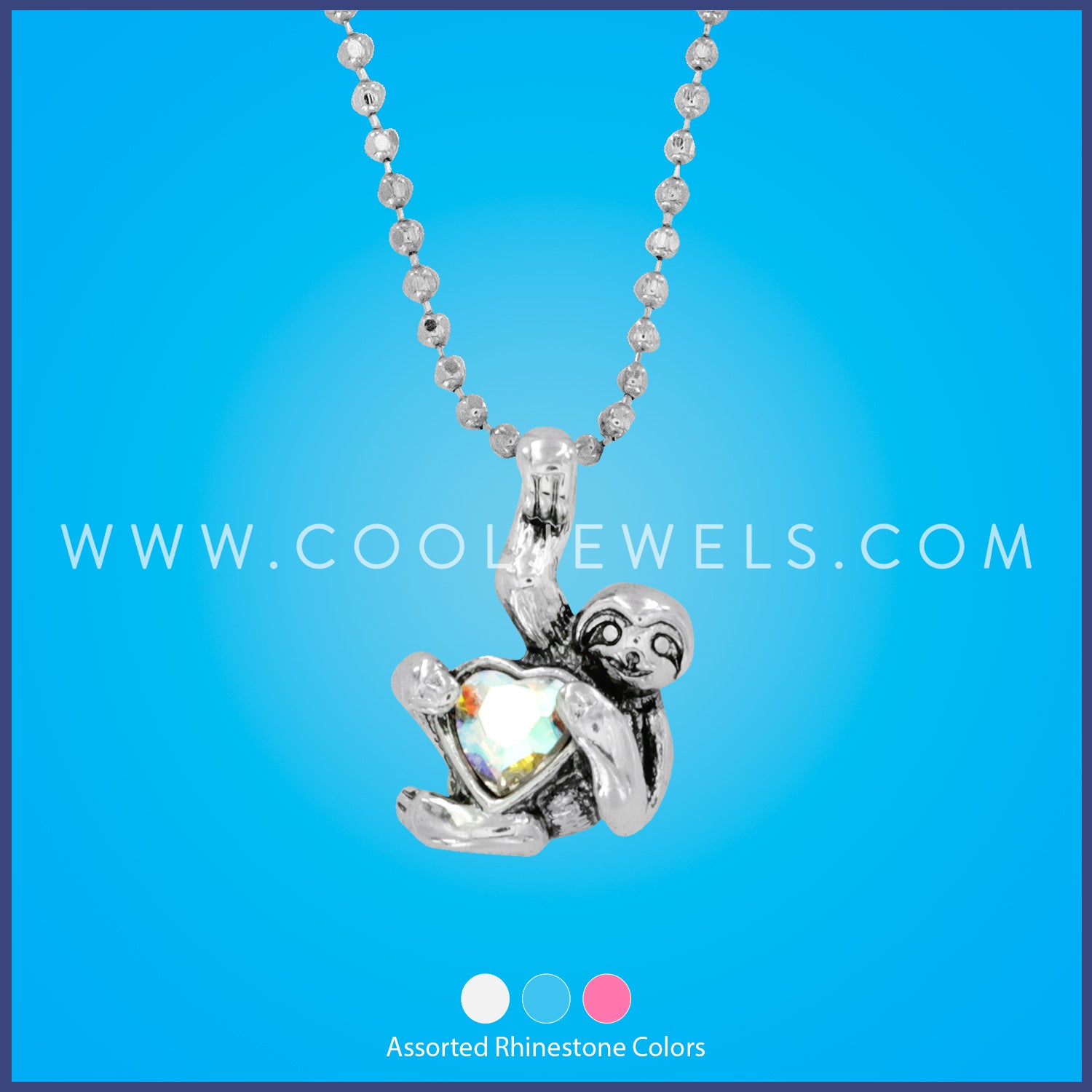 DC BALL CHAIN NECKLACE WITH SLOTH &amp; CRYSTAL HEART PENDANT - ASSORTED