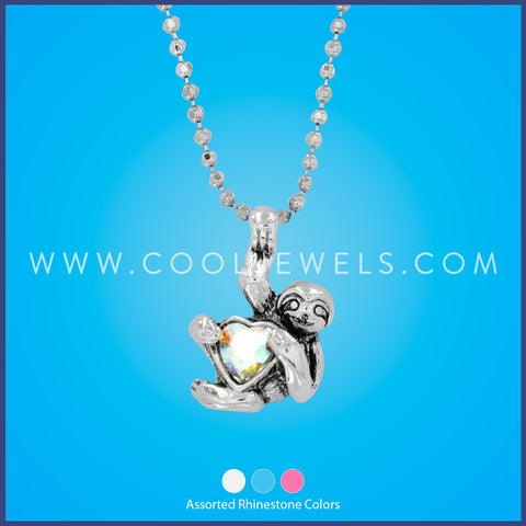 DC BALL CHAIN NECKLACE WITH SLOTH &amp; CRYSTAL HEART PENDANT - ASSORTED