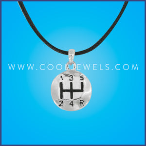 BLACK CORD NECKALCE WITH GEAR SHIFT PENDANT