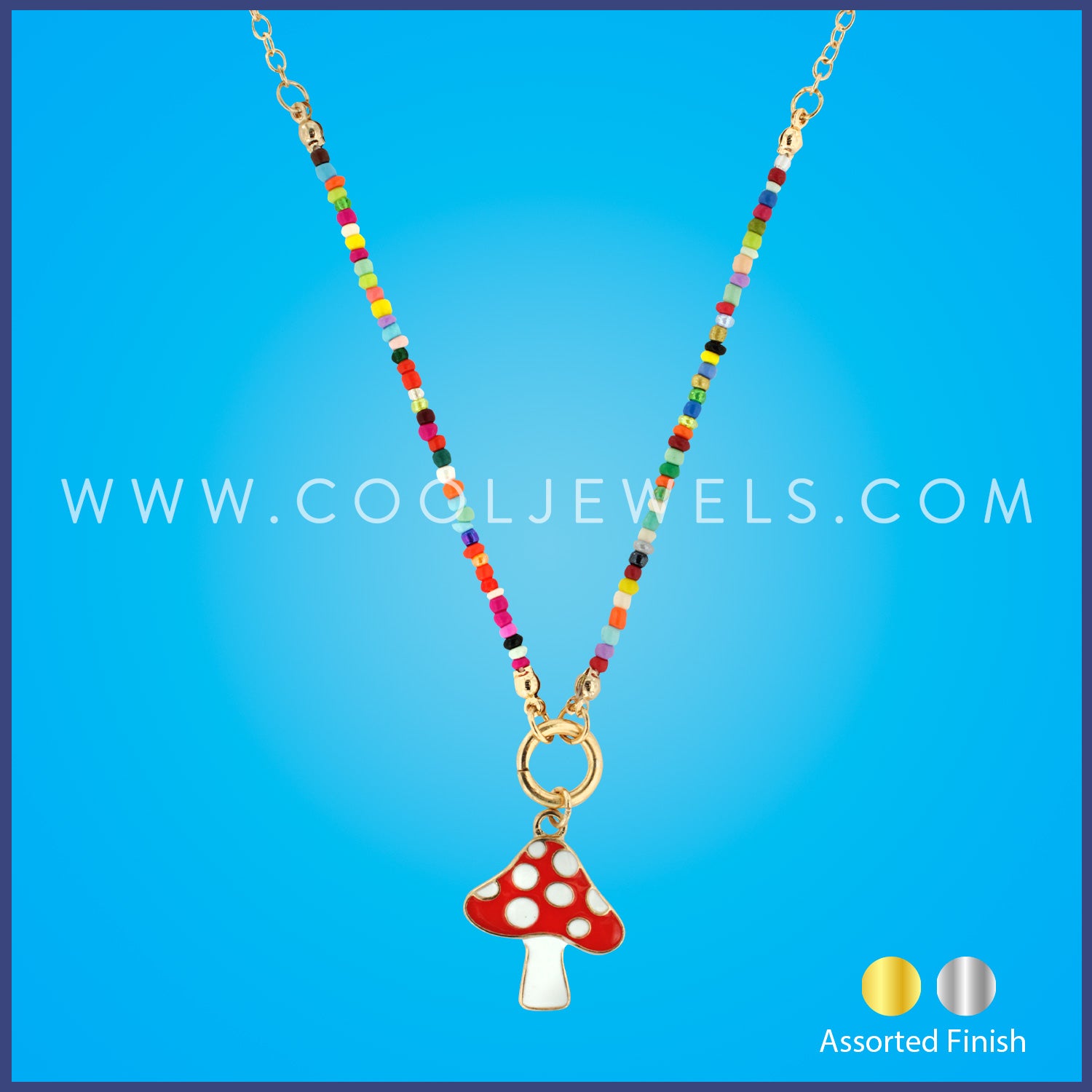 CHAIN NECKLACE WITH COLORED BRADS & MUSHROOM PENDANT - ASSORTED