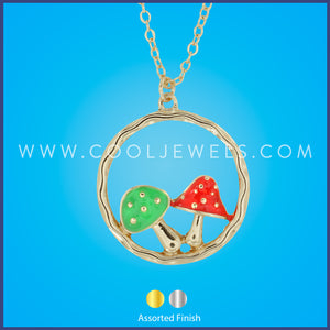 LINK CHAIN NECKLACE WITH ROUND MUSHROOM PENDANT - ASSORTED