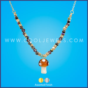 CHAIN NECKLACE WITH COLORED BEADS & BROWN & WHITE MUSHROOM PENDANT - ASSORTED