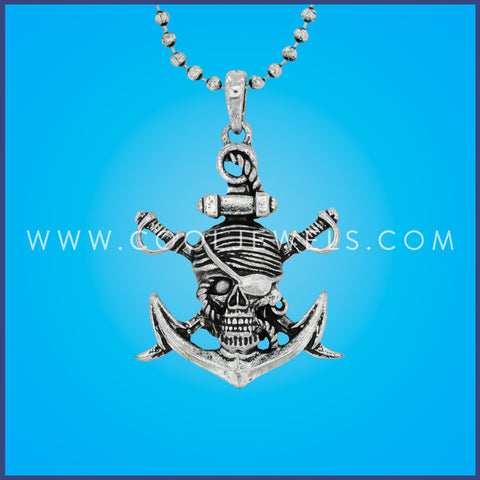 BALL CHAIN NECKLACE WITH PIRATE SKULL &amp; ANCHOR PENDANT