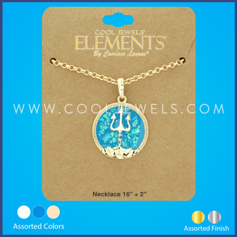 LINK CHAIN NECKLACE WITH ROUND COLORED NEPTUNE TRIDENT PENDANT ASSORTED - CARDED