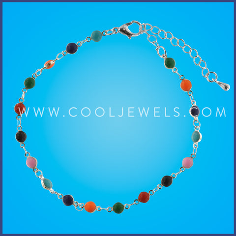 SILVER ANKLET WITH MULTI-COLORED ROUND BEADS