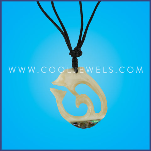 BLACK SLIDER CORD NECKLACE WITH BONE & PAUA SHELL DOLPHIN - CARDED